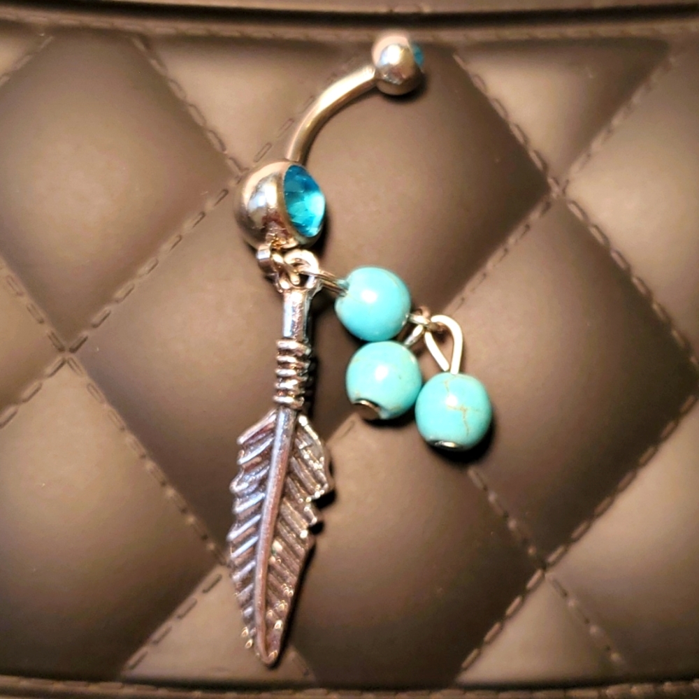 Belly button ring stainless steel jeweled beaded feather 🪶
